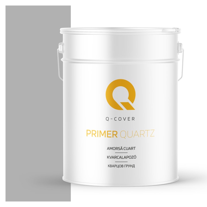 Amorsa cuart pentru tencuiala mozaicata, Q-Cover, Gri M34, aplicare usoara, aderenta ridicata la suport, pentru utilizare in interior si exterior, timp scurt de uscare pe perete, pe baza de lianti polimerici de inalta calitate, 15KG