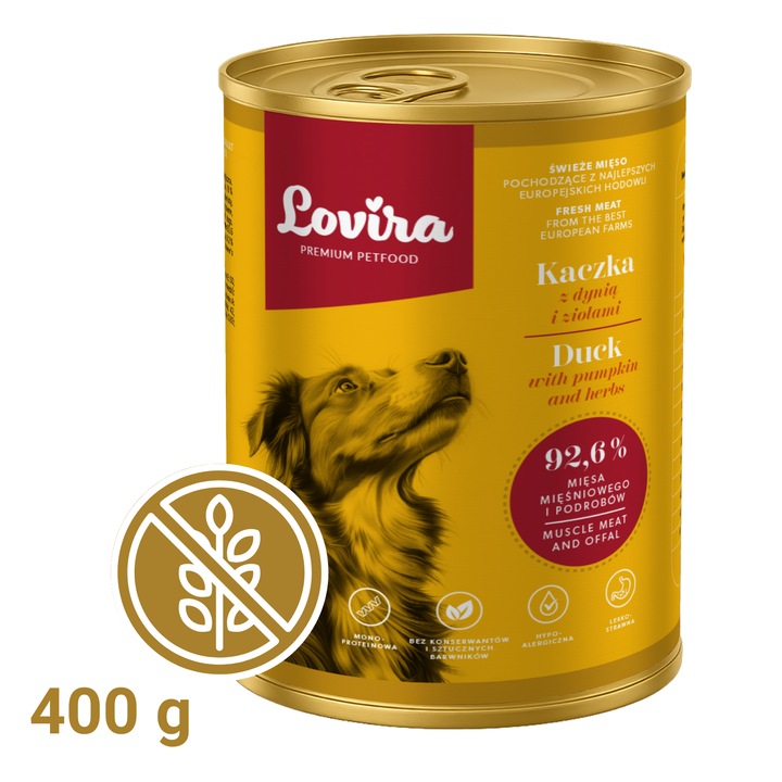 Hrana umeda pentru caini, LOVIRA, rata cu dovleac si ierburi, 400g