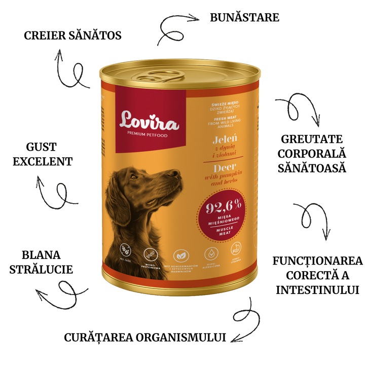 Kutyatáp szett, LOVIRA, Pulyka sütőtökkel 3 kg és Nedves őz sütőtökkel 400 g, hipoallergén, minden fajtának, felnőtteknek