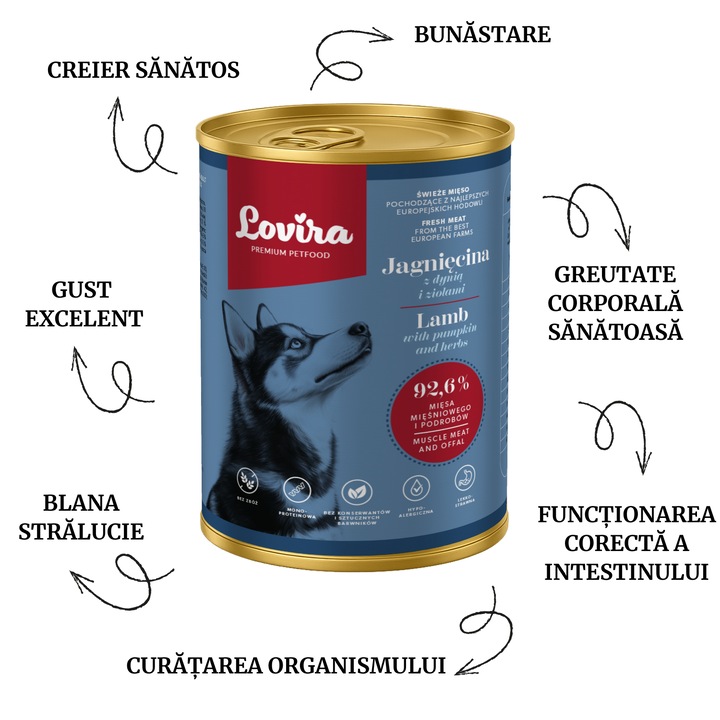 6x Lovira nedves kutyaeledel, bárány sütőtökkel és gyógynövényekkel 0,4 kg + mikroszálas törölköző 40x40 cm