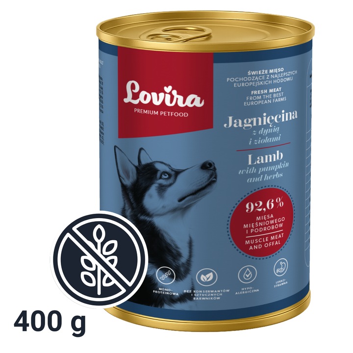 Hrana umeda pentru caini, LOVIRA, miel cu dovleac si ierburi, 400g