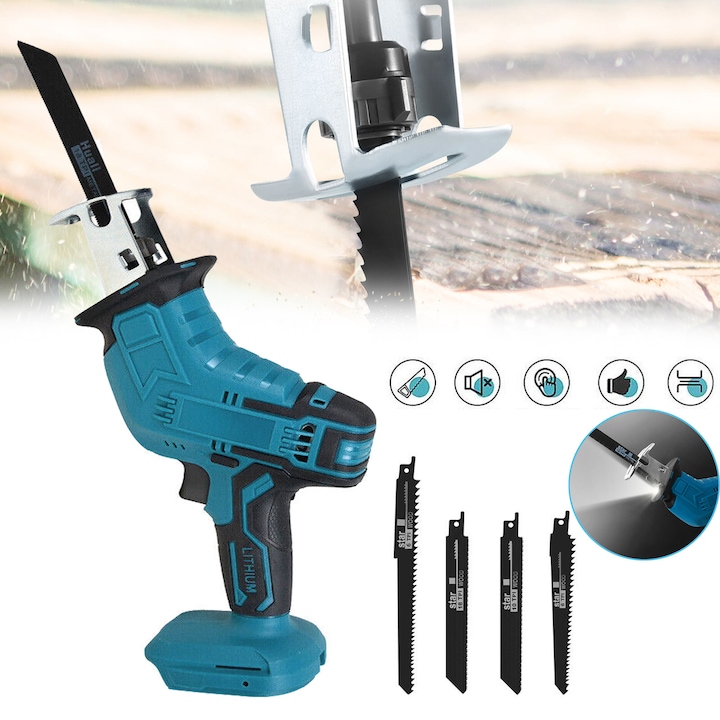 Fierastrau Sabie Fara Fir De 18V Electric Fara Perii Ferastrau Saber, Viteza Variabila 3000 RPM, Cu 4 Lame De Ferastrau, Adancime Maxima De Taiere 100mm, Pentru Taierea Tevilor Din Metal, Lemn Si PVC