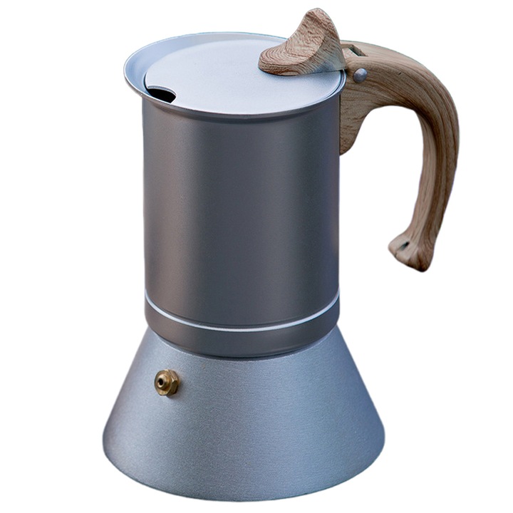 Kávéfőző, DEYKAY, Kotyogós kávéfőző, 150ml, Fa fogantyúval, Alumínium, 3 csésze, Ezüst