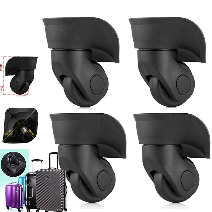Set 4 buc Roti de troler, rotire 360, Mut, Roti de rezerva pentru bagaje pentru inlocuirea flexibila a rotilor Negru, Diametru: 50 mm Design cu rulmenti dubli, rezistent la uzura si zgarieturi, potrivit pentru diverse genti, valize si trolere