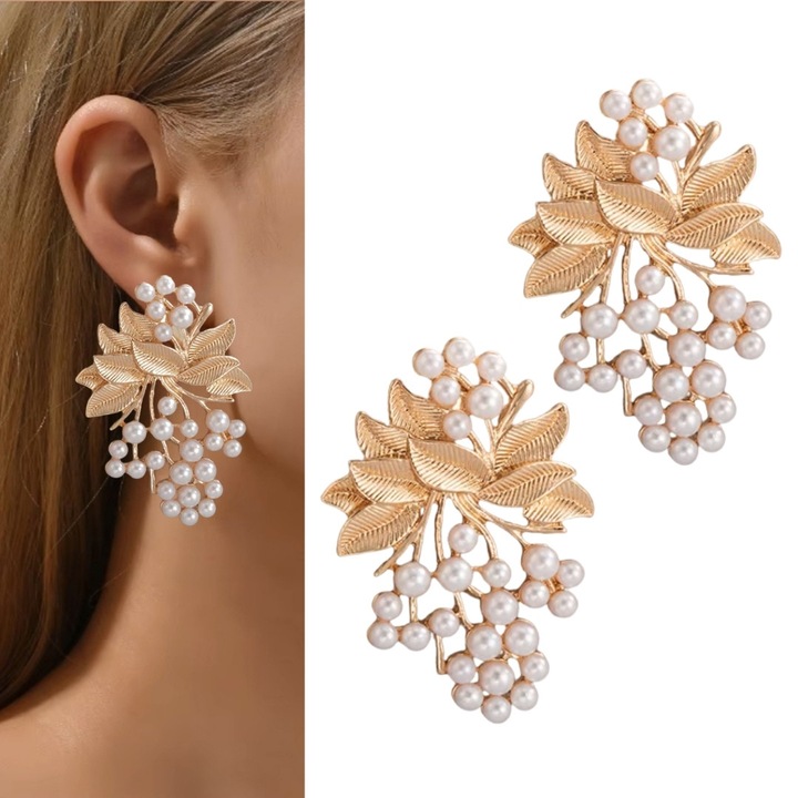 Cercei aurii crengute cu frunze perle rasfirati de efect surub, AURII cercei crengute cu perle frunzulite mari rigizi efect BOHO