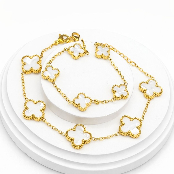 Set cadou Premium pentru femei, Bratari Trifoi, 5 Piese, Bratara Trifoi Alb, Charm Inima, Cutie cadou, Ambalaj premium, cadou Valentine’s Day, aniversare, Auriu