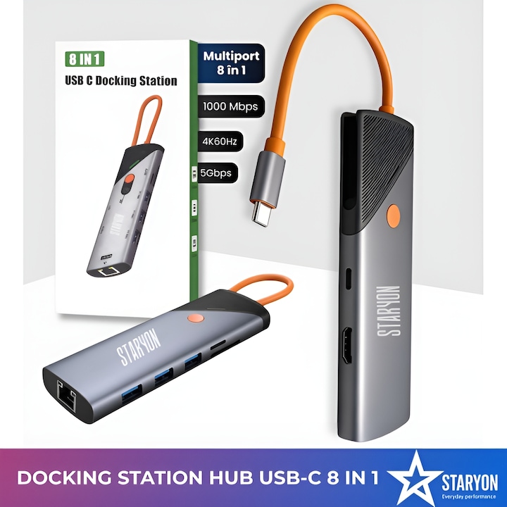 Adaptor HUB USB-C Multiport 8 in 1 Profesional Staryon®, Docking Station, Buton ON/OFF Display, HDMI 4K 60Hz, RJ45 Gigabit 1000 Mbps, 3x USB-A 3.0, USB-C Data, PD 90W, Cititor Card SD/TF, Plug & Play, Compatibil Laptop, Tableta, MacBook, Gri