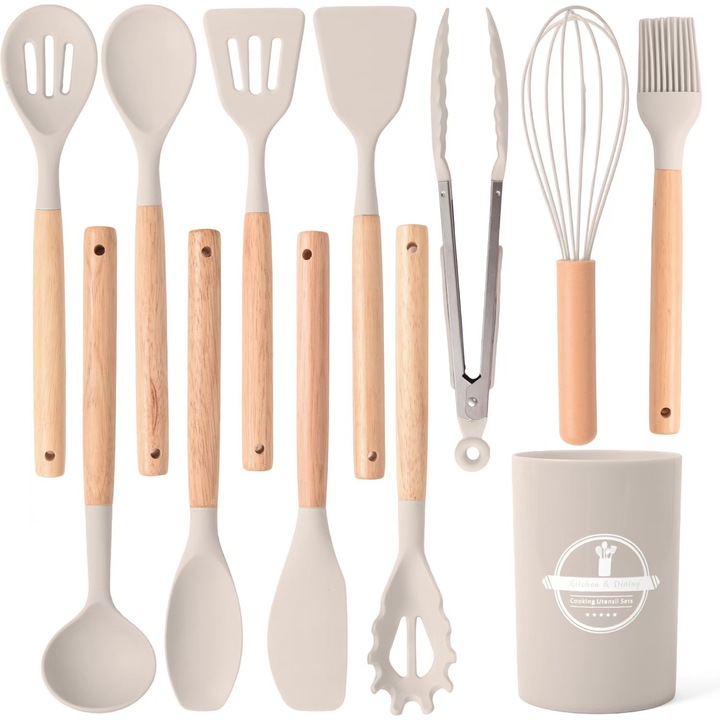 Set de ustensile de gatit de lux,12 piese cu curele din silicon si manere din bambus, fara BPA, ergonomic, durabil, rezistent la caldura, usor de curatat si organizat, bej