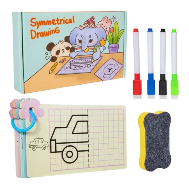 Joc educativ Scrie si Sterge Desen Simetric, MASHASHOP, set 24 carduri reutilizabile, multicolor, 3 ani+