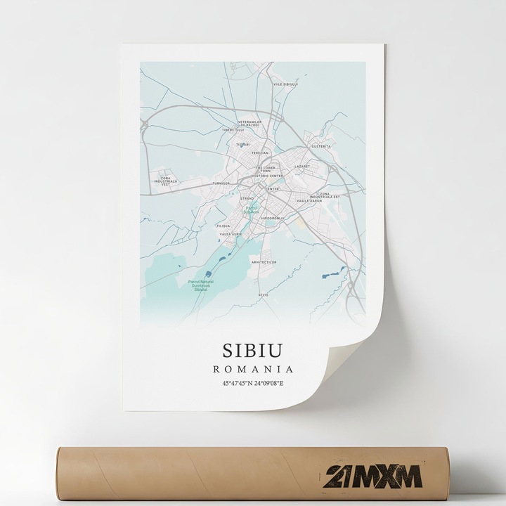 Poster harta orasului Sibiu, 21MXM, stil minimalist, material textil, A4, Fara Rama
