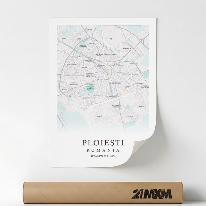 Poster decorativ harta Ploiești, 21MXM, design minimalist, material textil, 30x40cm, fără ramă
