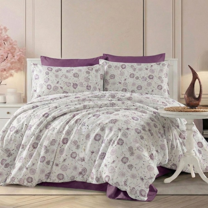 Dupla ágynemű, 100% szatén pamut, lepedő 240x270 cm, paplanhuzat 220x240, 4 részes, Különleges ágyneműk, Lila virágok