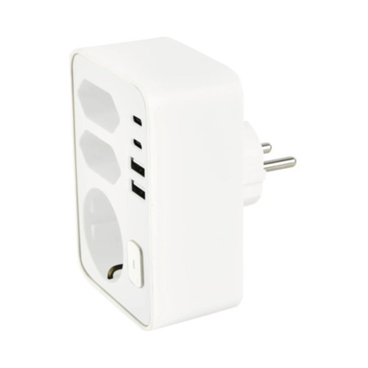 Adaptor priza Gelux, 1 priza cu impamantare, 2xEuro, 4xUSB, alb, 16 A