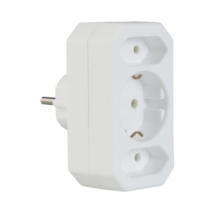 Stecher triplu 3 prize, 2 x Euro, 1 x priză cu împământare, alb, interior