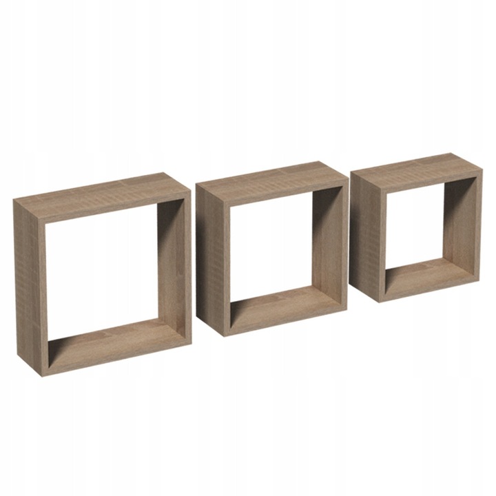 Set 3 rafturi patrate, INTEGRI, FSS, Stejar sonoma, 21/24/27 cm, aspect natural de lemn, organizeaza eficient amintirile, decor practic si cald pentru living sau dormitor