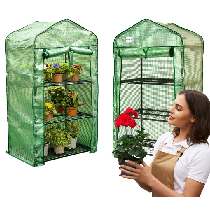 Mini sera 3 rafturi, Grindi, Crocus I, Grindi, 50x70x125 cm, folie PE verde, solutie compacta pentru cresterea plantelor, usi rulate, margini intarite, durabilitate maxima