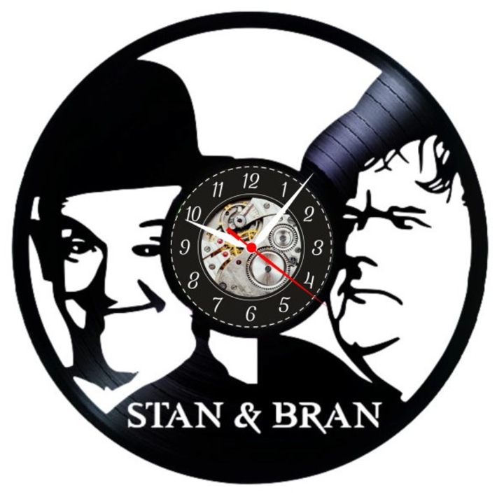 Dekoratív falióra "Stan & Bran", bakelit lemezből (Vinyl Record Clock), Retro Cinema Comedy design, átmérő 30 cm, fekete