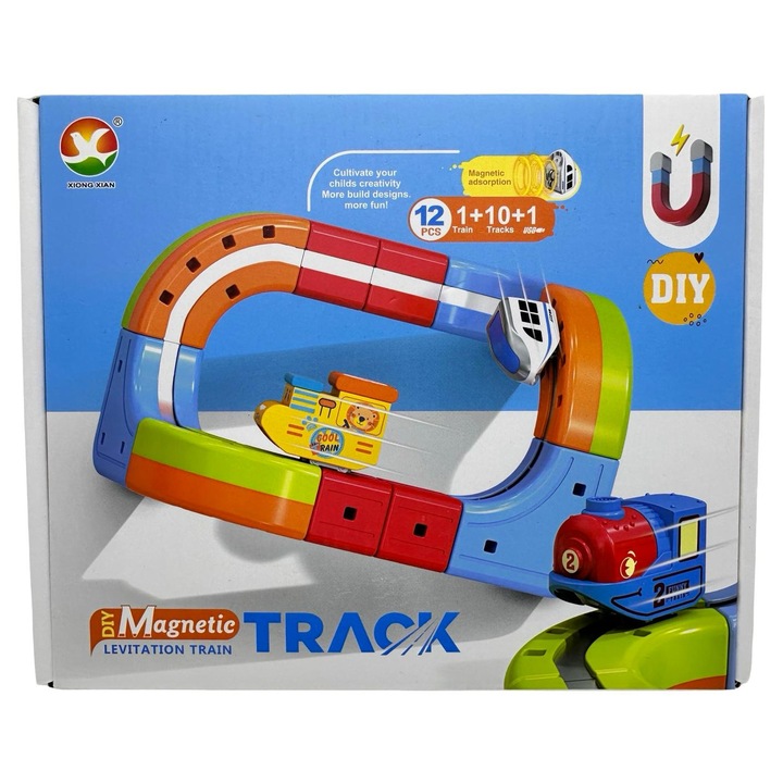 Set tren electric magnetic, JPT, cu sina modulara, lumini, incarcare USB, 32x24x8 cm