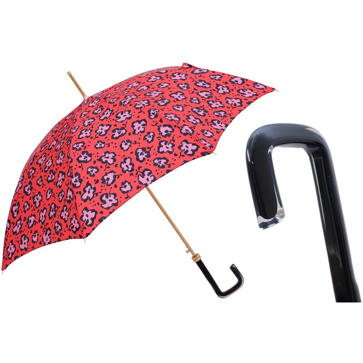 Umbrela femei Pasotti, model Funky Cheetah, maner din acetat, rosu cu imprimeu leopard, lucrata manual