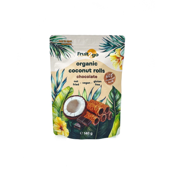 Rulouri din nuca de cocos cu ciocolata, organic, 140 gr., Fruit2Go