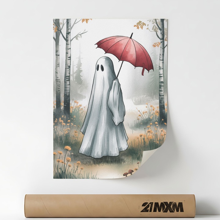 Poster decorativ, ilustratie fantasy, Red Umbrella Ghost, A4 (21 x 29.7 cm), Fara Rama