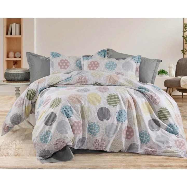 Dupla ágynemű, 100% pamut szatén, lepedő 240x270 cm, paplanhuzat 220x240, 4 részes, Különleges ágyneműk, Körök