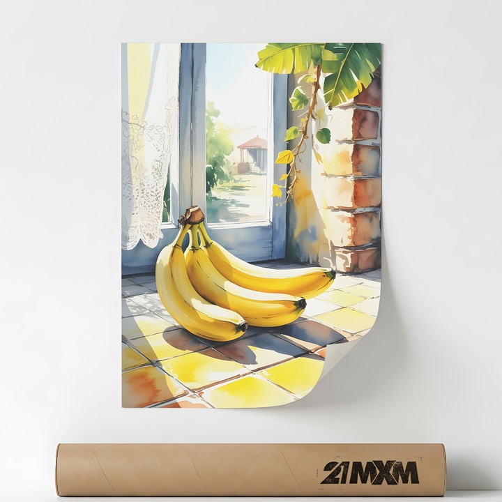 Poster decorativ, ilustratie bucatarie mediteraneana, Bananas & Sun-Kissed Tiles, A3 (29.7 x 42 cm), Fara Rama