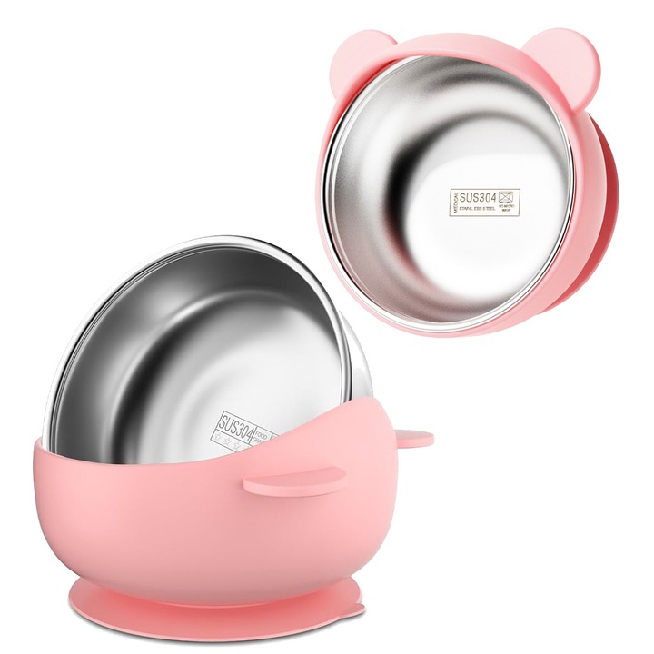 Bol pentru mancare pentru bebelusi, din otel inoxidabil cu ventuze, sigur si confortabil pentru bebelusi, design ergonomic, anti-ardere si netoxic, usor de curatat, portabil, roz
