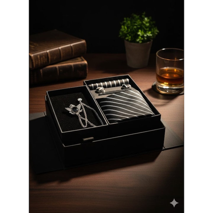 Set Festive HB10, 5 piese, cravata, ac cravata, butoni, batista si ac costum