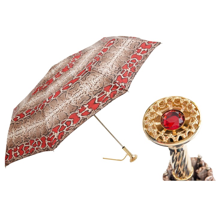 Umbrela pliabila Pasotti, imprimeu piton, maner cu cristal rubin, lucrata manual