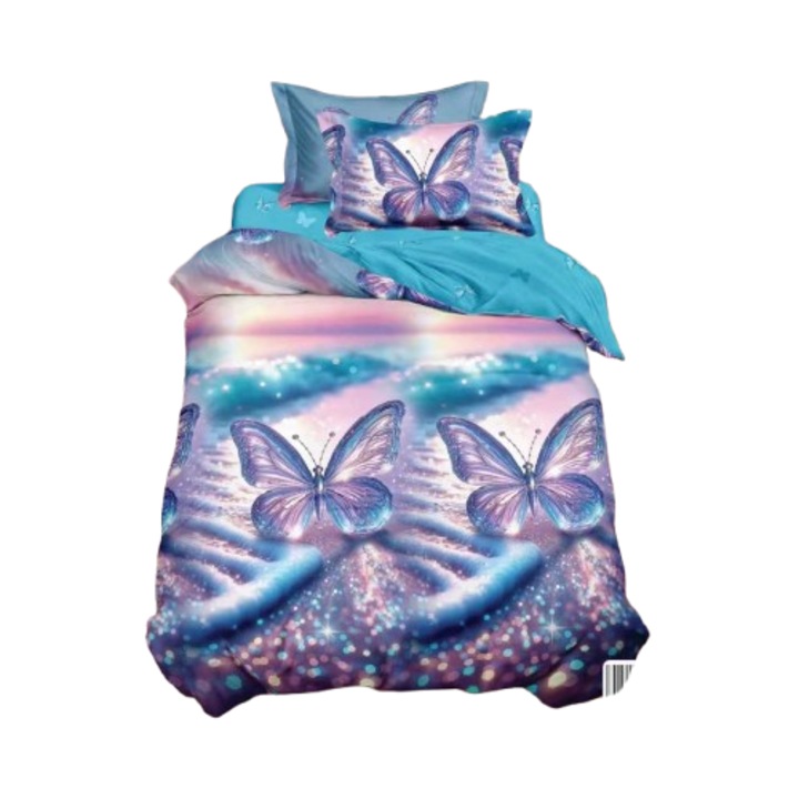 Lenjerie de pat, 1 persoana, fara elastic, 140X200, cm, imprimeu fluturi curcubeu