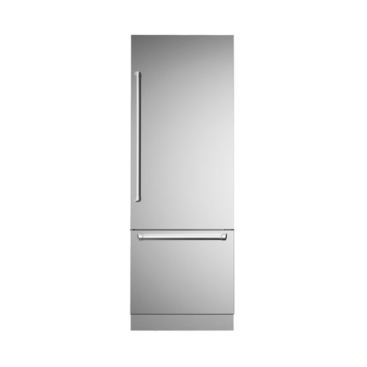Combina frigorifica premium incorporabila Total No Frost Bertazzoni, 449 litri, colectie Master, congelator 126 litri, dispenser apa/gheata, 3 rafturi, 3 compartimente pe usa, temperatura reglabila, panou control tactil, iluminare LED, functie Eco, inox