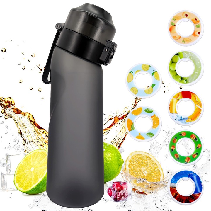 Sticla de apa portabila cu aroma capsule 0 Calorii si Aditivi 0 Zahar, bidon de apa cu maner durabila 650 ml BPA Free, sticla de baut pentru hidratare sport, ideala pentru motivatie activitati, sticla apa transparenta rezistenta fitness sala negru satin