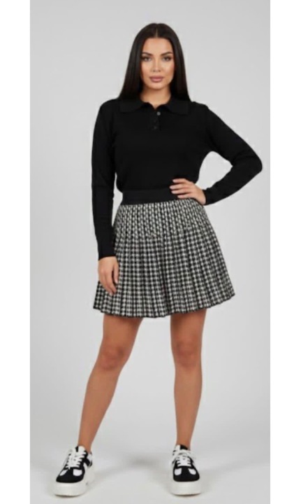 Fusta scurta, plisata, din material tricotat, alb cu negru, marime universala