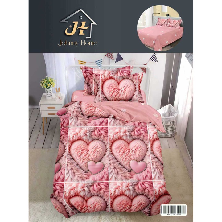 Lenjerie de pat, 1 persoana, fara elastic, 140X200, cm, imprimeu inimi mari si mici