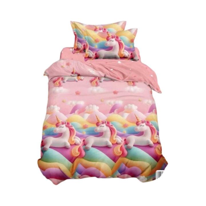 Lenjerie de pat, 1 persoana, fara elastic, 140X200, cm, imprimeu unicorn si norisori