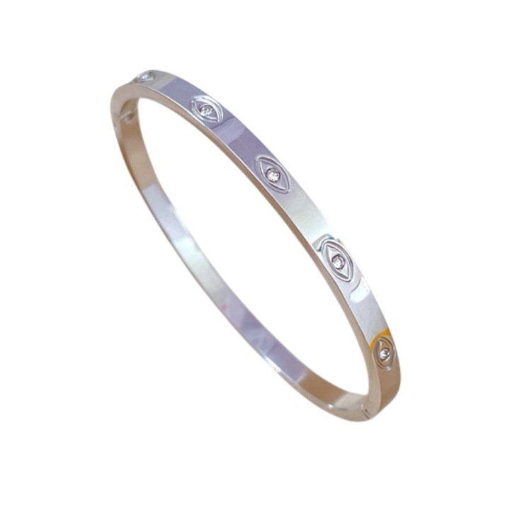 Bratara din inox, design minimalist, cu zirconii, argintie, 60mm