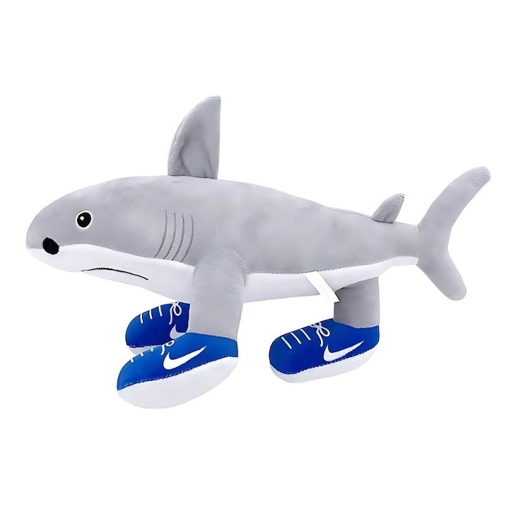 Jucarie de Plus Rechin Tralalelo Tralala, Design Amuzant cu Incaltaminte, Gri/Albastru, 25 cm