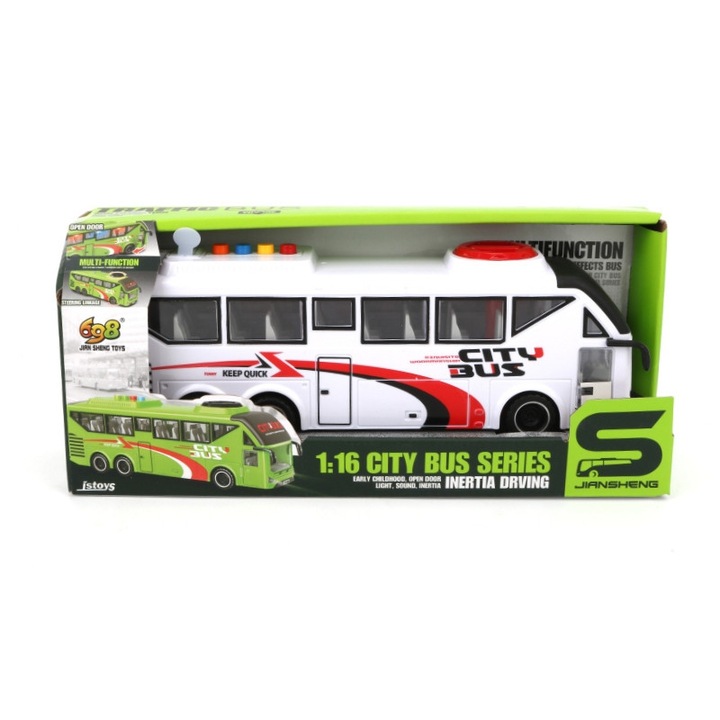 Autobuz alb cu frictiune, sunete si lumini, 1:16, JSTOYS, ZJA352333