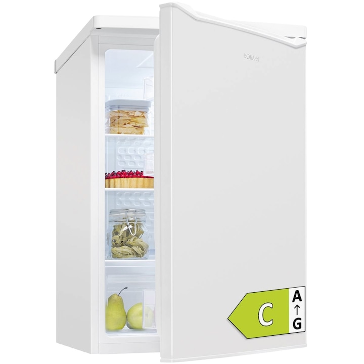 Мини хладилник Bomann, H 85.5 см, капацитет 126 литра, идеален за малки кухни/хотели/офиси/каравани, ниска консумация, 3 регулируеми по височина стъклени рафта, отделение за зеленчуци/плодове, 3 отделения на вратата, контрол на температурата, бял