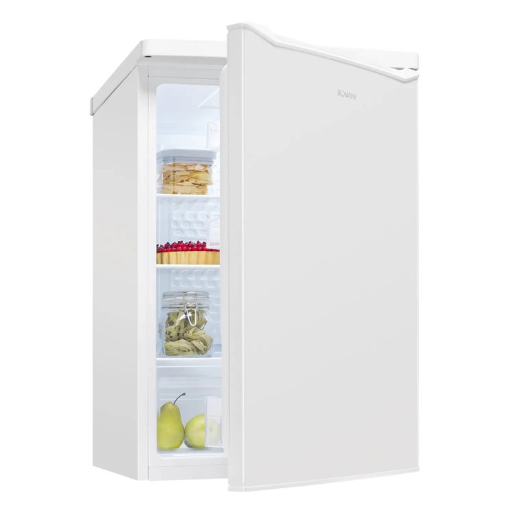 Mini frigider Bomann, H 85.5 cm, capacitate 126 litri, ideal pentru bucatarii mici/hotel/birou/rulota, consum redus, 3 rafturi sticla reglabile pe inaltime, compartiment legume/fructe, 3 compartimente pe usa, control temperatura, alb