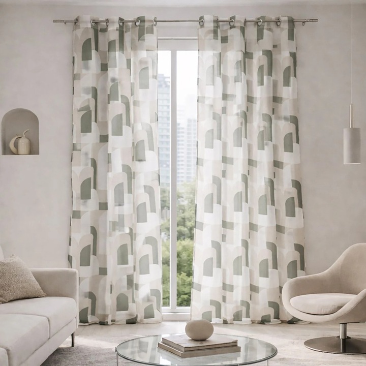 Перде, Лен, Геометрична фигура, 140x260, Зелен