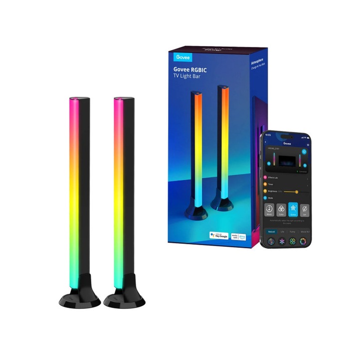 Set 2 lampi LED inteligente Govee H6046 RGBIC, 24W, control Wi-Fi/Bluetooth, negru, 38cm