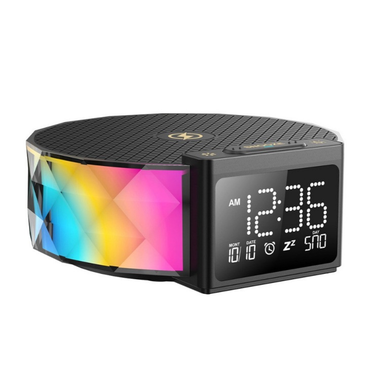 Lampa de birou, iluminare RGB, afisaj LED, incarcare telefon wireless 15W, setare ceas desteptator, functie snooze, portabila, neagra