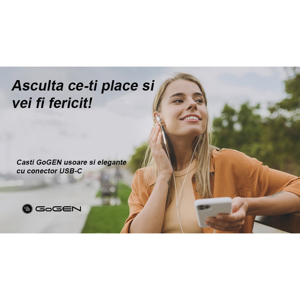 Casti GoGEN ECC 10W, In-Ear, USB‑C, microfon, control volum, sunet clar si confort maxim, alb