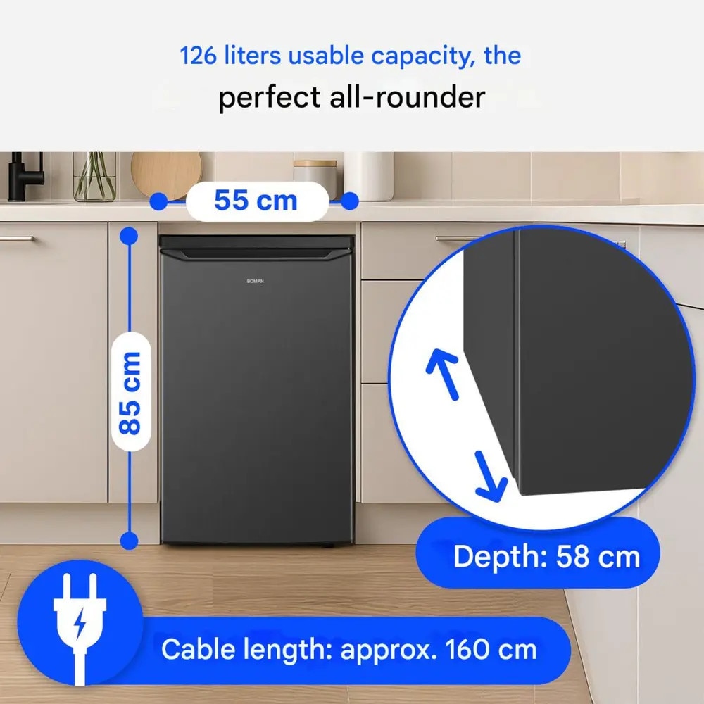 Mini frigider Bomann, H 85.5 cm, capacitate 126 litri, ideal pentru bucatarii mici/hotel/birou/rulota, consum redus, 3 rafturi sticla reglabile pe inaltime, compartiment legume/fructe, 3 compartimente pe usa, control temperatura, negru