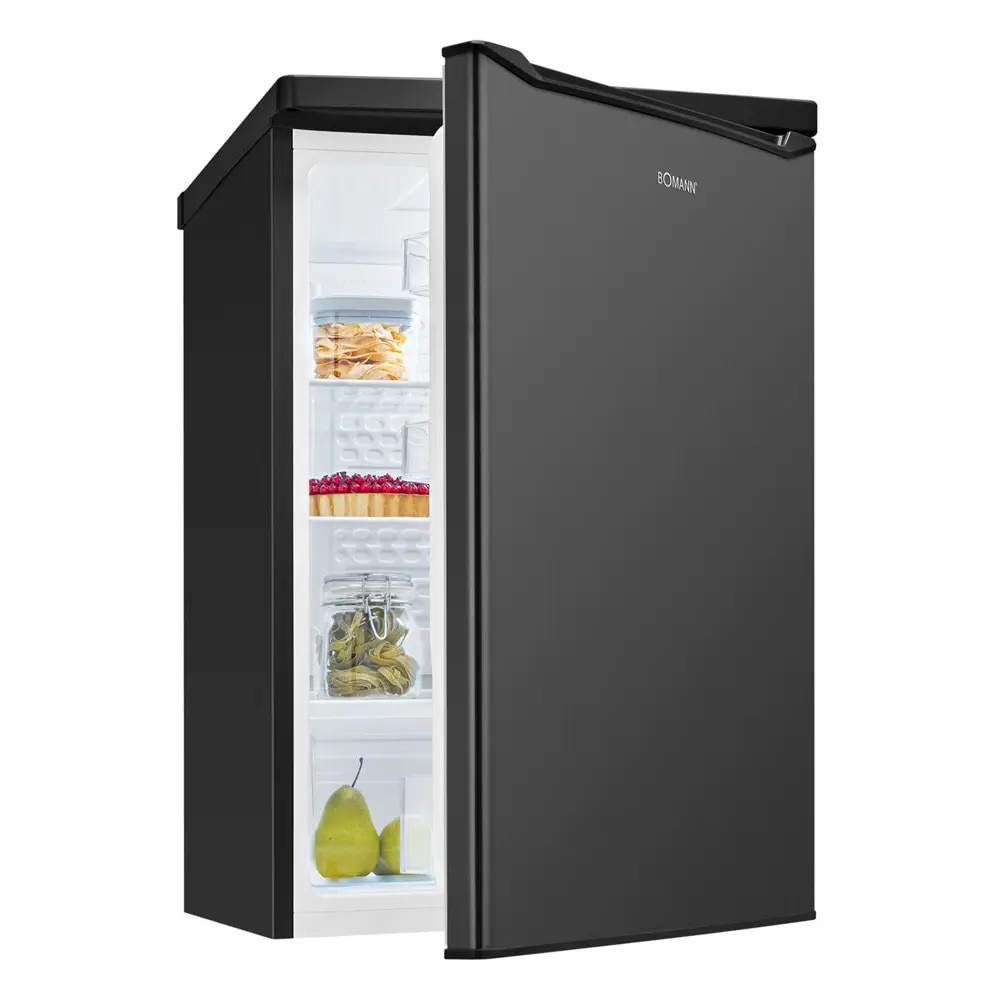Mini frigider Bomann, H 85.5 cm, capacitate 126 litri, ideal pentru bucatarii mici/hotel/birou/rulota, consum redus, 3 rafturi sticla reglabile pe inaltime, compartiment legume/fructe, 3 compartimente pe usa, control temperatura, negru
