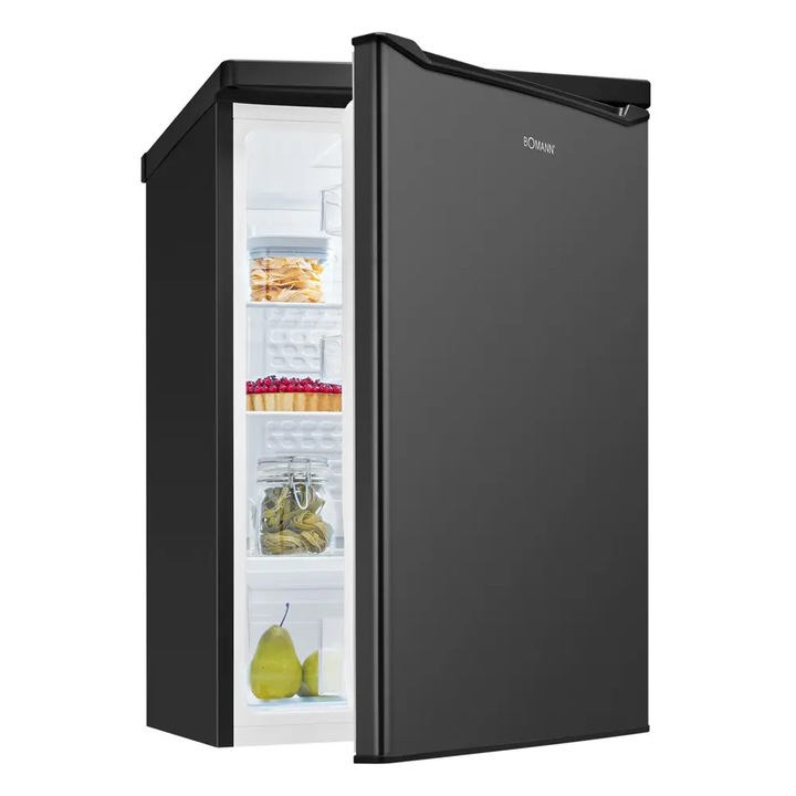 Mini frigider Bomann, H 85.5 cm, capacitate 126 litri, ideal pentru bucatarii mici/hotel/birou/rulota, consum redus, 3 rafturi sticla reglabile pe inaltime, compartiment legume/fructe, 3 compartimente pe usa, control temperatura, negru