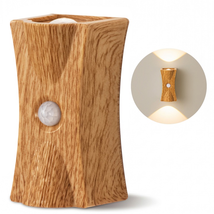Lampa de Veghe LED cu Senzor de Miscare, Ultrixe, 1200mAh Reincarcabila, Fibre de Lemn, Baza Magnetica, Usor de Instalat, Pentru dressing, holuri, scari, camera copilului, Lumina Calda