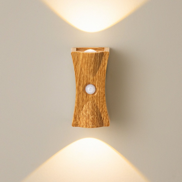 Lampa de Veghe LED cu Senzor de Miscare, Ultrixe, 1200mAh Reincarcabila, Fibre de Lemn, Baza Magnetica, Usor de Instalat, Pentru dressing, holuri, scari, camera copilului, Lumina Calda